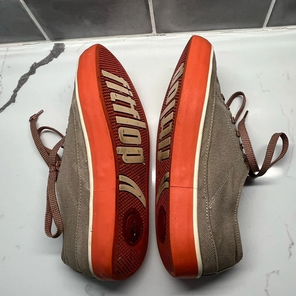 Fitflop Sneakers Tan Canvas with Red soles and Red/white stripe Laces size 7